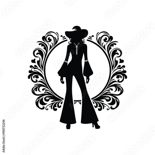woman wearing retro fashion hippie inspired bell bottom pantsuit with a floppy hat