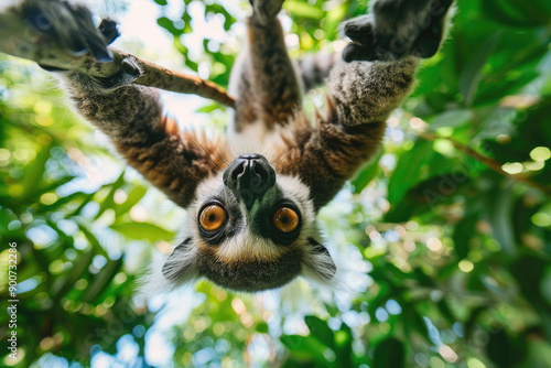 A playful lemur hangs from a branch, looking at the camera.