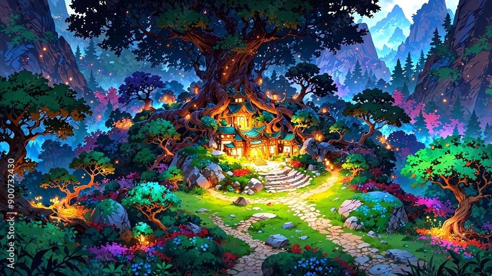 Naklejka premium vibrant breathtaking panoramic view of an enchanted fo background