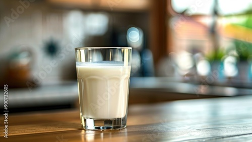 A clear glass of milk on a kitchen counter, illuminated by natural light from a nearby window.