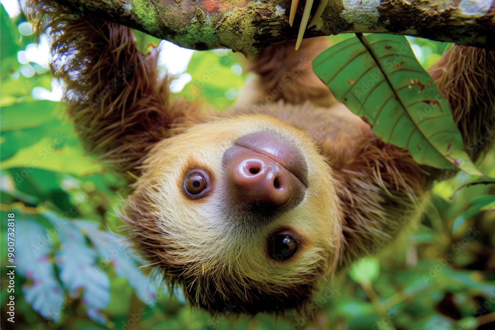 Naklejka premium A playful sloth hanging from a tree, looking at the camera.