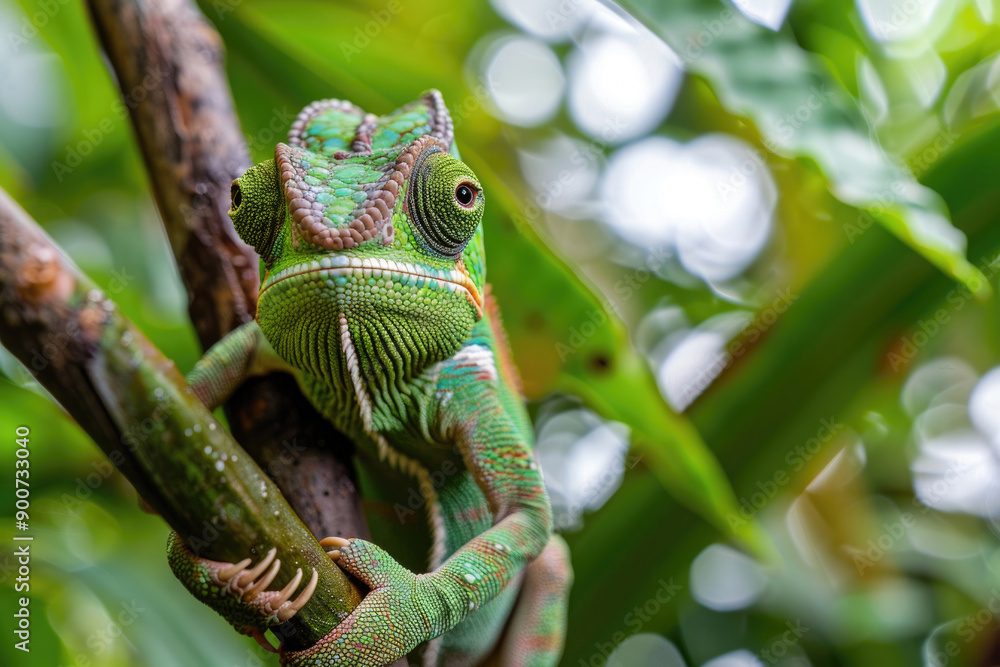 A curious chameleon clings to a branch, looking at the camera. A curious chameleon clings to a branch, looking at the camera.
