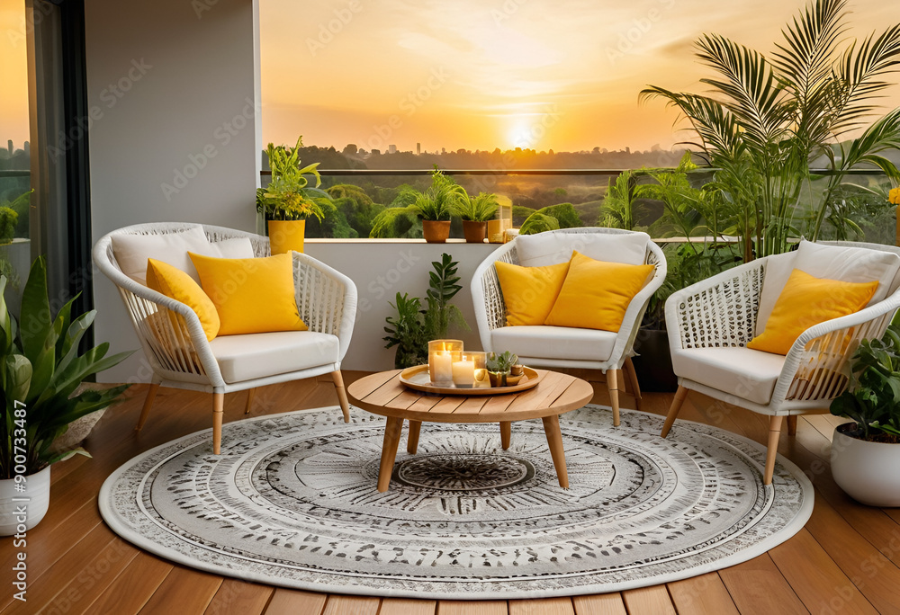 Fototapeta premium White and yellow sits beneath a low wooden table holding candles and a small plant. 