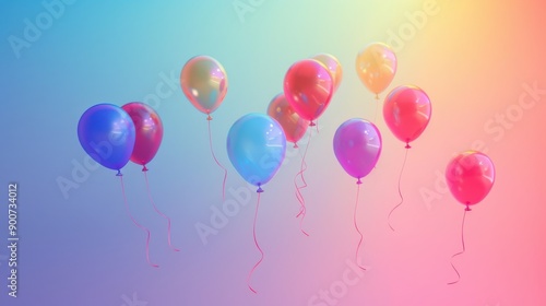 Colorful balloons floating in the sky with a rainbow gradient background