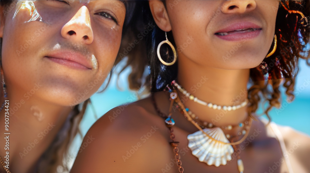 Close-up beach jewelry shots featuring models showcasing shell accessories in stunning detail and beauty. Close-up beach jewelry shots featuring models showcasing shell accessories in stunning detail and beauty.