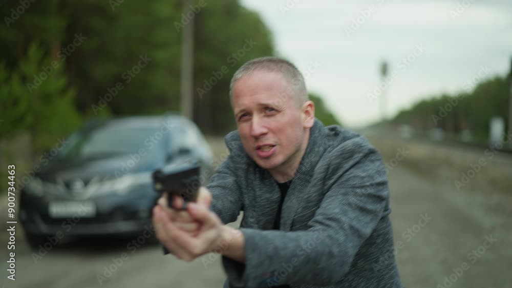 A close view of a man in a gray jacket aiming a handgun with both hands, walking on a dirt path beside a railway track. A car is parked nearby, and the background shows a blurred forest, A close view of a man in a gray jacket aiming a handgun with both hands, walking on a dirt path beside a railway track. A car is parked nearby, and the background shows a blurred forest,