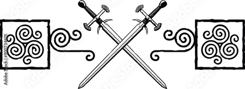 Celtic Triskele Header - Square Ends - Crossed Medieval Swords