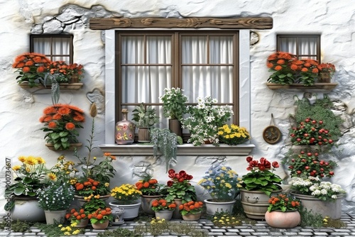 Elegant Exterior Wall Decor with Potted Flowers Creating a Charming and Inviting Urban Space