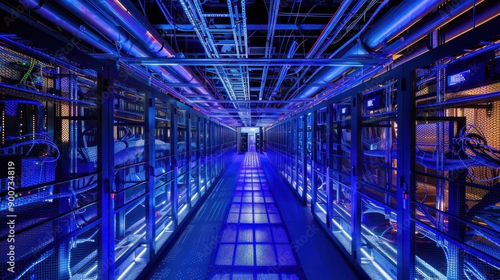 Blue-Lit Server Room with Glowing Floor Blue-Lit Server Room with Glowing Floor
