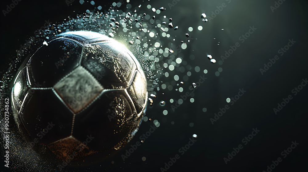 Naklejka premium Dynamic Motion of a Spinning Football Captured in Mid-Air Against a Stark Black BackgroundShowcasing Intricate Details and Dazzling Light Reflections