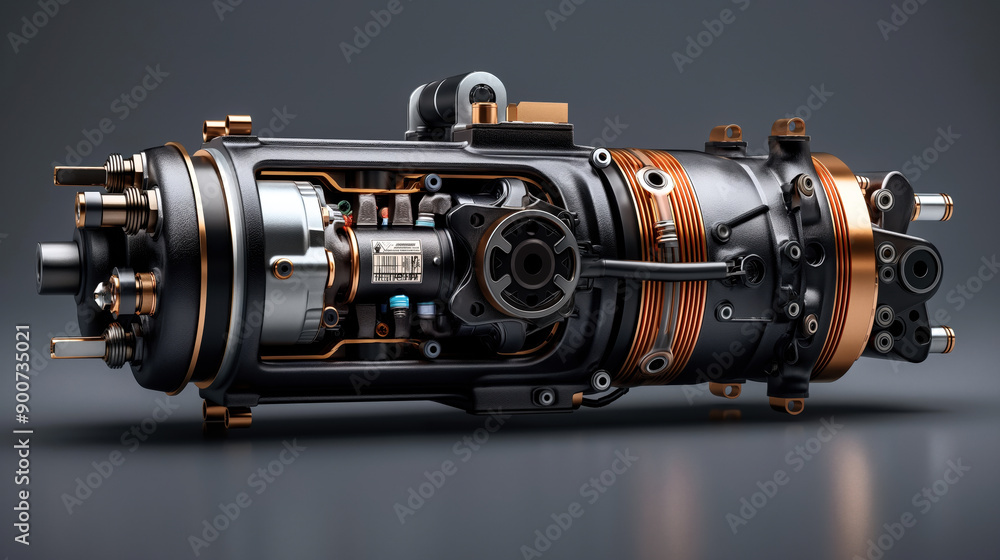 Detailed view of an advanced industrial mechanical component with coils, connectors, and a cylindrical housing, likely an electric motor or linear actuator. Detailed view of an advanced industrial mechanical component with coils, connectors, and a cylindrical housing, likely an electric motor or linear actuator.