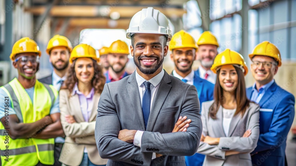 Professional Smiling Engineer Standing Out in Diverse Group Professional Smiling Engineer Standing Out in Diverse Group
