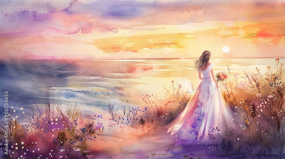 Watercolor painting of a bride in a wedding dress at a sunset beach, concept of bridal fashion, romantic art, serene landscapes Watercolor painting of a bride in a wedding dress at a sunset beach, concept of bridal fashion, romantic art, serene landscapes
