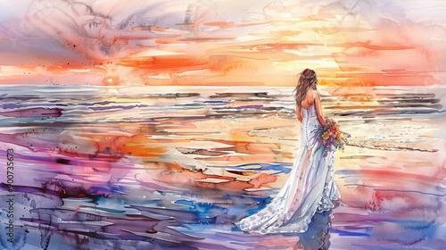 Watercolor painting of a bride in a wedding dress at a sunset beach, concept of bridal fashion, romantic art, serene landscapes