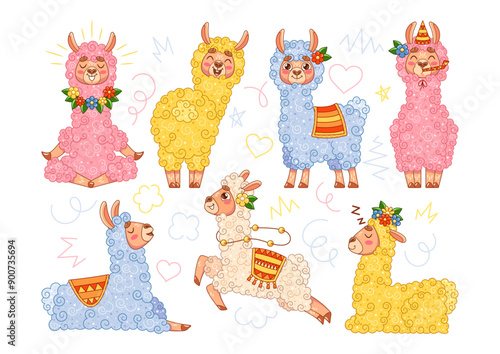 Collection Of Cute Cartoon Llamas In Different Colors And Poses. Cheerful And Playful Animals With Colorful Patterns