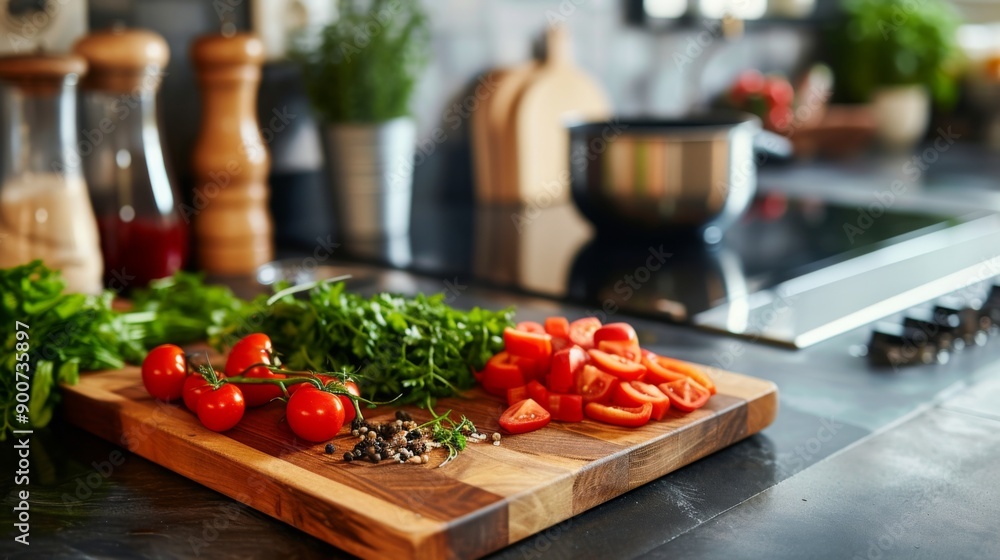 Rustic wooden cutting board placed on a kitchen counter Rustic wooden cutting board placed on a kitchen counter