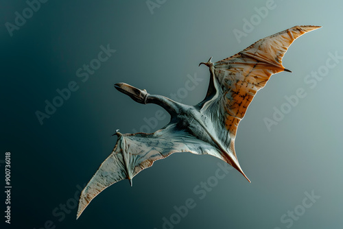 Isolated realistic rendering of a flying pterodactyl with outstretched wings on a gradient background, prehistoric reptile in detailed illustration. photo