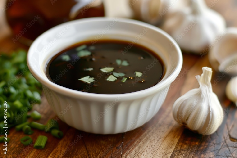 Closeup shot of fresh soy sauce garnished with herbs, surrounded by garlic cloves and chopped green onions Closeup shot of fresh soy sauce garnished with herbs, surrounded by garlic cloves and chopped green onions