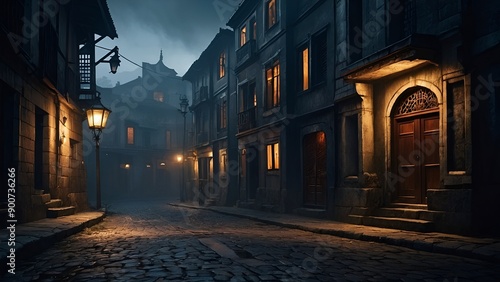 Dark and eerie urban city alley at night