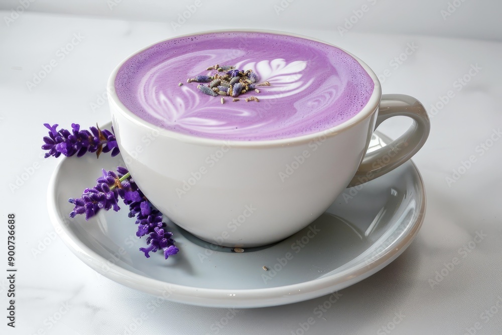 Elegant purple lavender latte with beautiful foam art and fresh lavender sprig on a light backdrop Elegant purple lavender latte with beautiful foam art and fresh lavender sprig on a light backdrop
