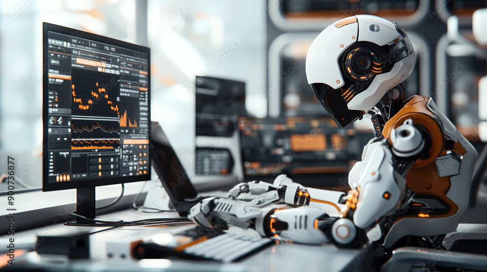 Robotic humanoid working at a desk with multiple monitors displaying complex data in a high-tech futuristic control room. Robotic humanoid working at a desk with multiple monitors displaying complex data in a high-tech futuristic control room.