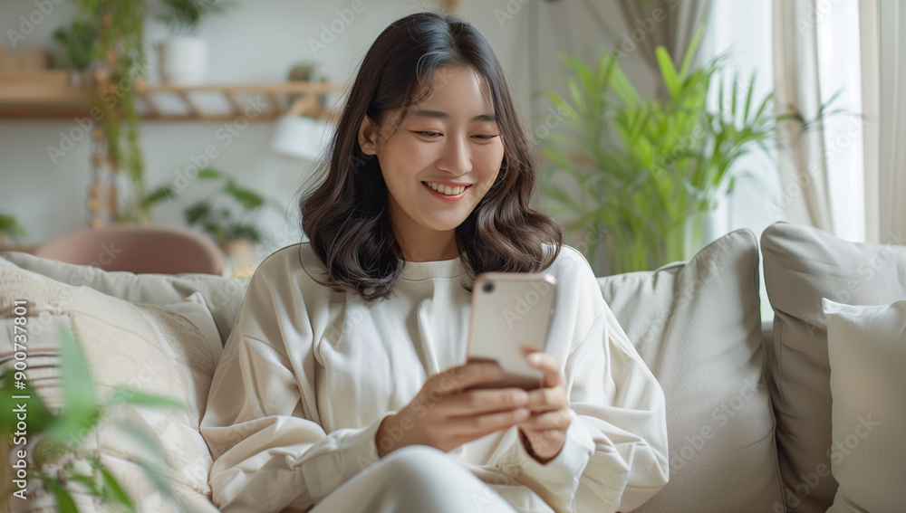 An Asian woman smiling while spending time checking her phone or social media. Concept of social media, digital life, and entertainment. An Asian woman smiling while spending time checking her phone or social media. Concept of social media, digital life, and entertainment.