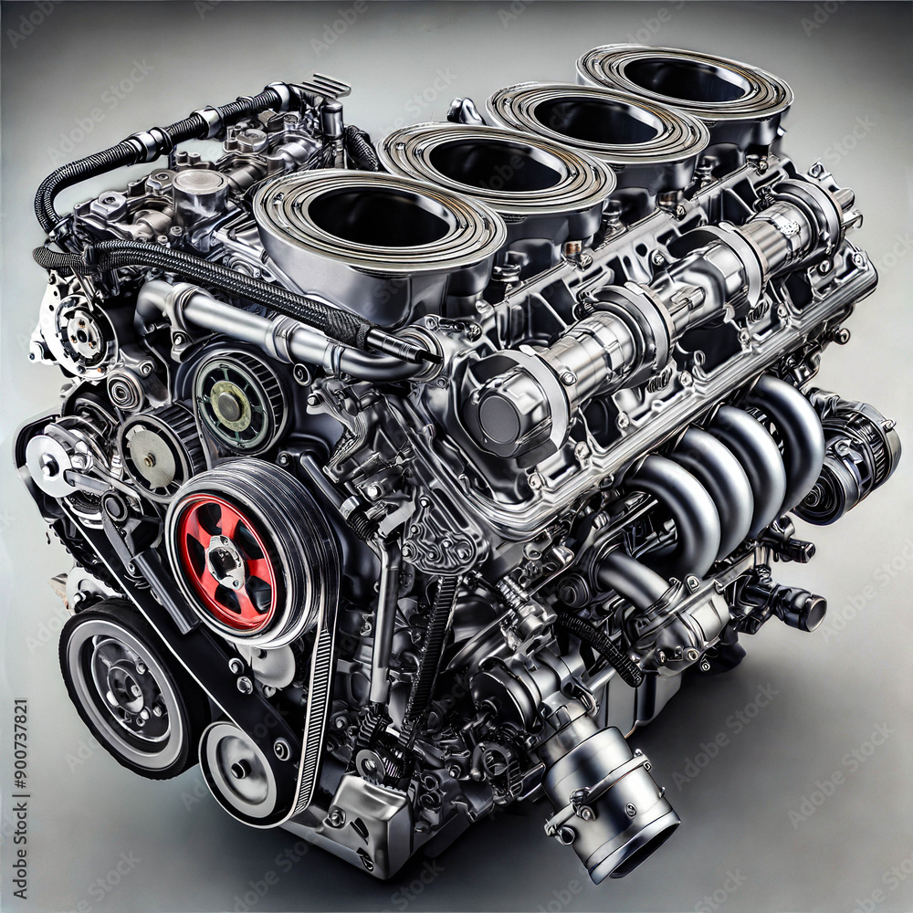 A complex engine assembly showcases intricate components and systems A complex engine assembly showcases intricate components and systems