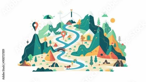 Heros journey map, flat design illustration, adventurous, isolated on white background