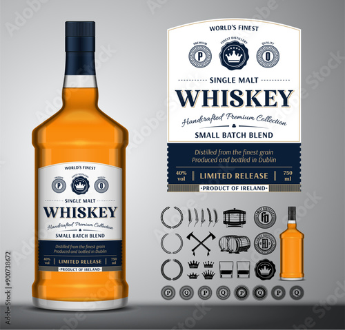 Vector whiskey label template. Whiskey glass bottle mockup. Distilling business design elements