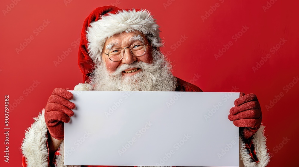 Festive Santa Claus with Blank Sign Against Red Background Festive Santa Claus with Blank Sign Against Red Background