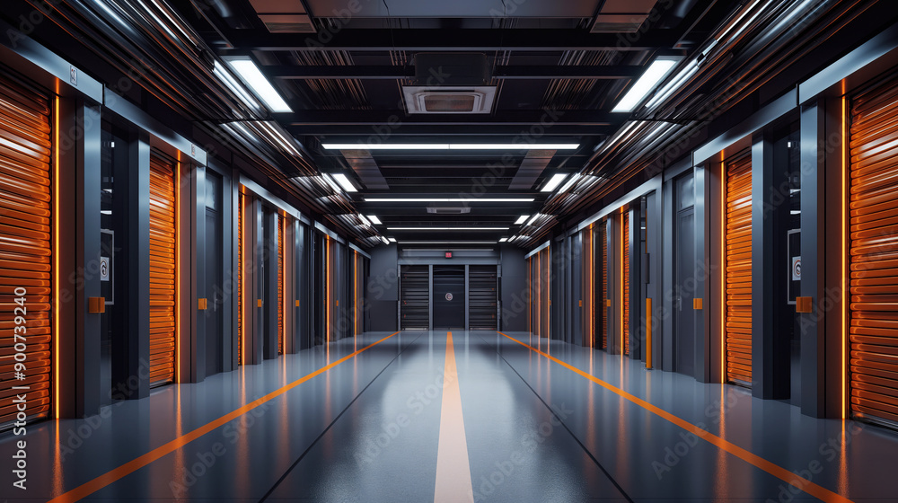 Fototapeta premium A corridor of a modern storage facility with multiple orange roll-up doors on either side and bright overhead lighting.