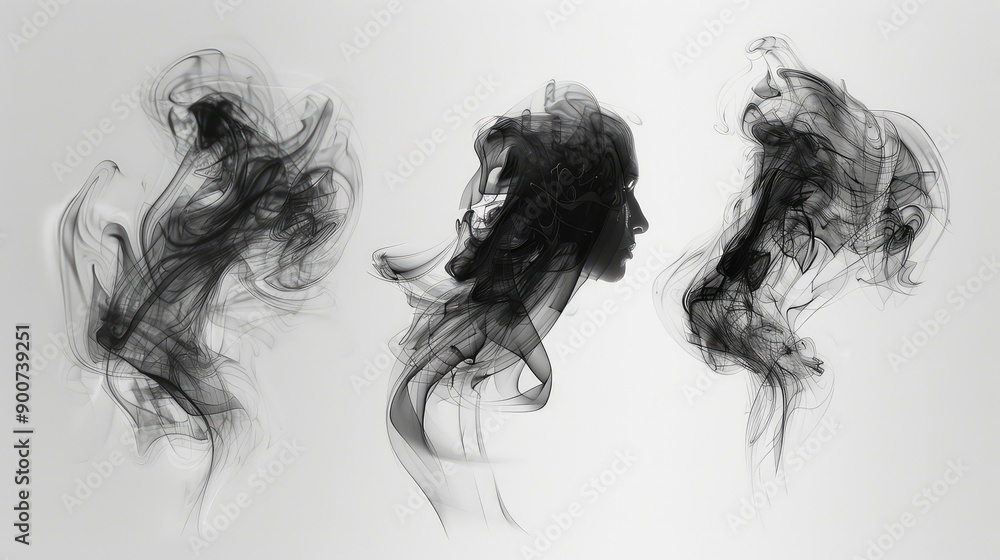 Fototapeta premium Ethereal Black Smoke Plumes on White Background
