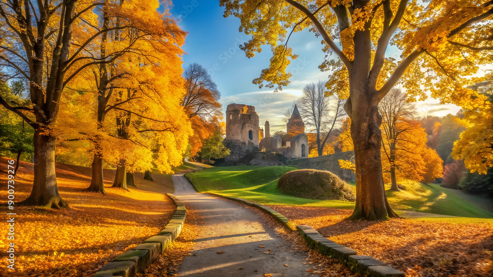 Fototapeta premium Pathway Through Ruins in Autumnal Landscape
