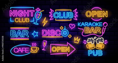 Colorful Retro Neon Signs With Various Text And Symbols For Bar, Nightclub, Disco, Cafe And Pub. Party And Nightlife