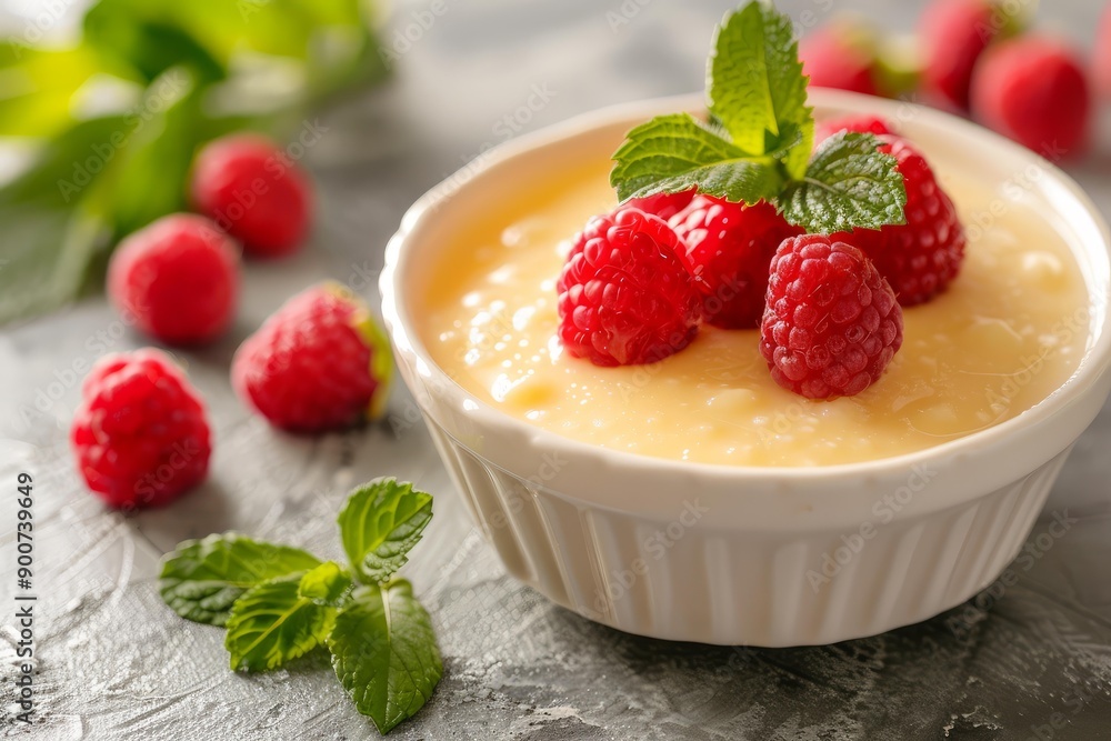Creamy vanilla pudding topped with ripe raspberries and mint in a ceramic bowl Creamy vanilla pudding topped with ripe raspberries and mint in a ceramic bowl