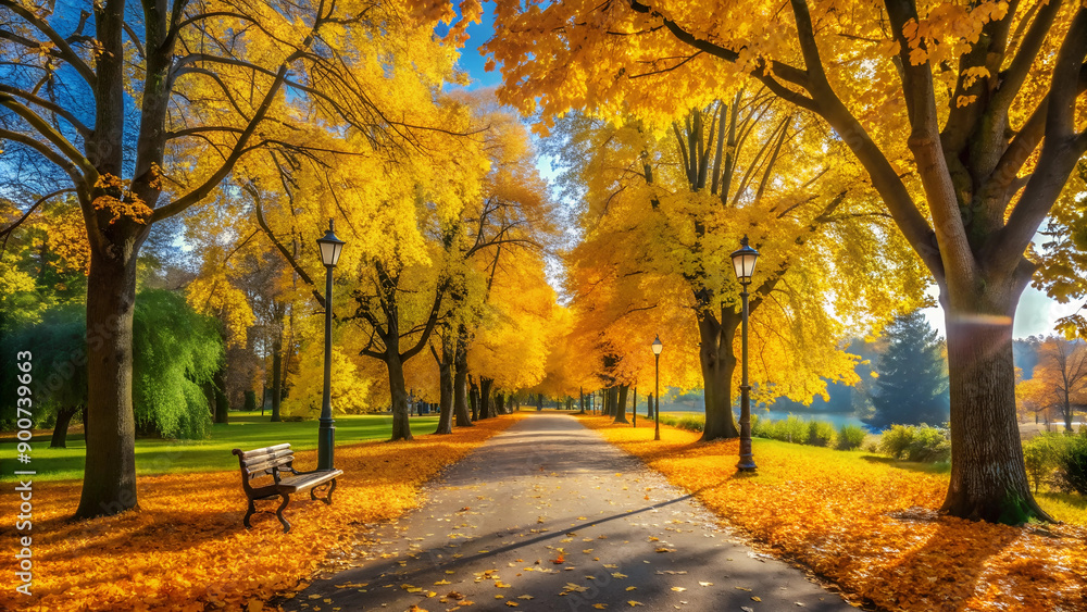 Fototapeta premium Sunlit Autumn Forest with Falling Leaves