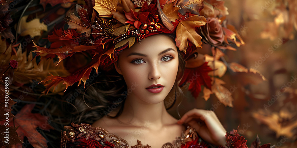 A beautiful woman is the personification of the Autumn season. She is dressed in a suit of colourful leaves, adorned with exquisite autumn accessories against a backdrop of vibrant autumn nature. A beautiful woman is the personification of the Autumn season. She is dressed in a suit of colourful leaves, adorned with exquisite autumn accessories against a backdrop of vibrant autumn nature.