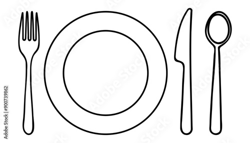 Continuous One Line Drawing. Spoon, Fork, Knife, Eating Utensils. Cooking Utensils Line Art Style for Logos, Business Cards, Banners. Black and White Minimalist Vector illustration