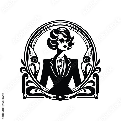 woman wearing retro fashion lady in a tailored blazer pencil skirt and cat eye glasses