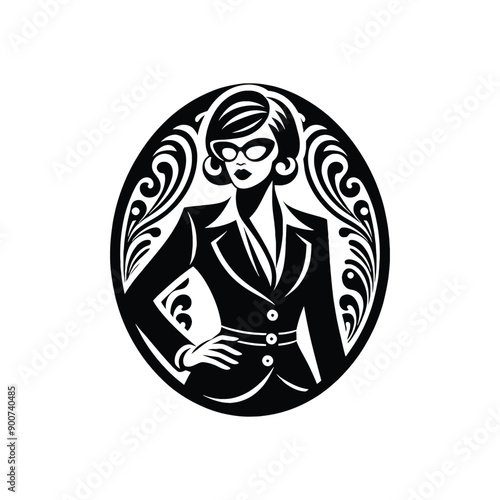 woman wearing retro fashion lady in a tailored blazer pencil skirt and cat eye glasses