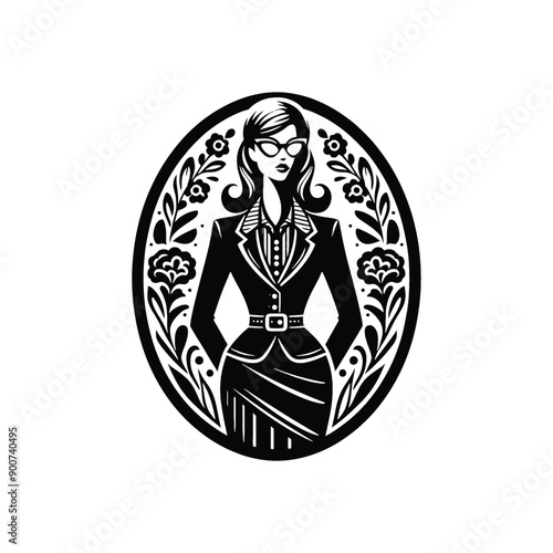 woman wearing retro fashion lady in a tailored blazer pencil skirt and cat eye glasses