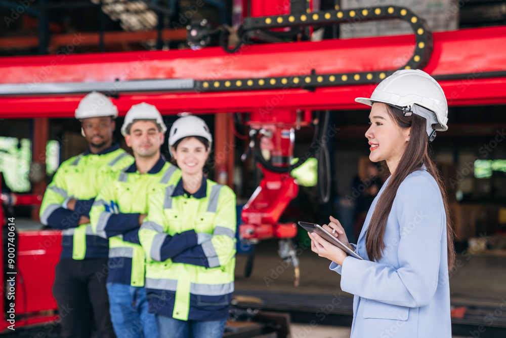 Fototapeta premium The workers are smiling and seem to be enjoying their time together. Worker industry join hand for collaboration.