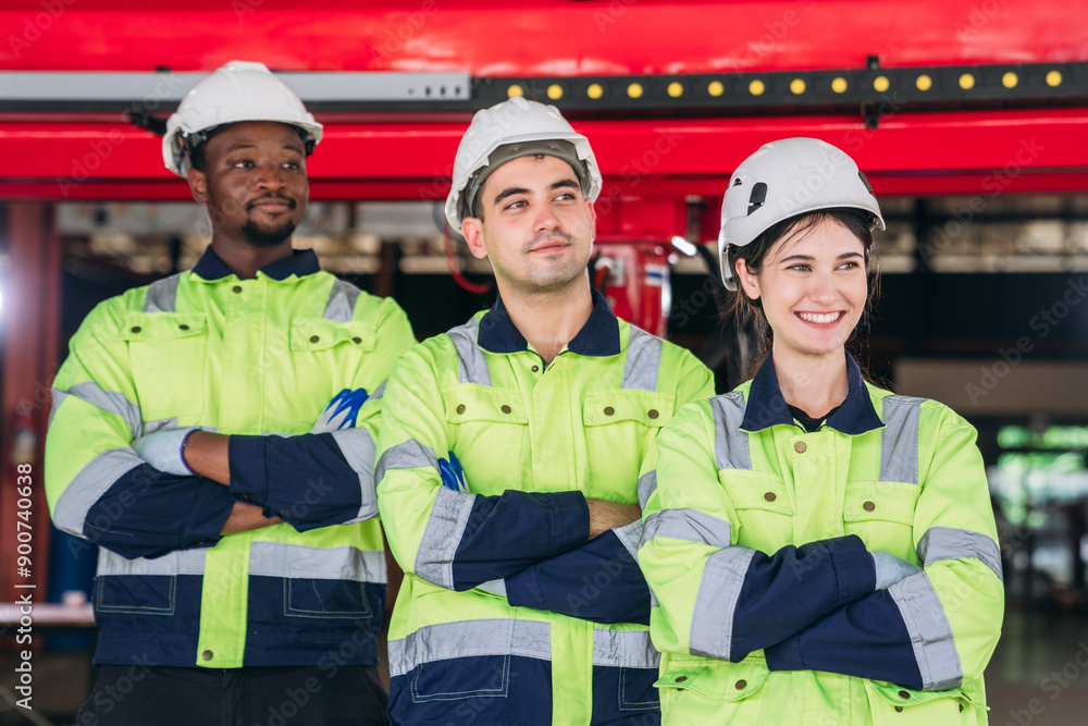 Obraz premium Three construction workers wearing bright green safety vests stand together