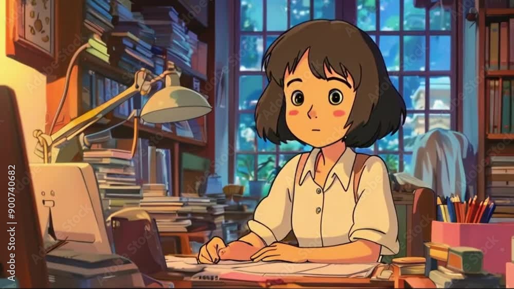 Animated character studying in his room Animated character studying in his room