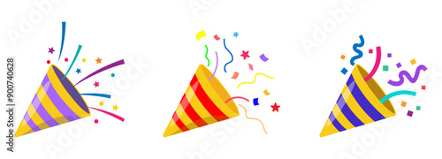 Set confetti party popper icon, fireworks logo, cap, flat design. Vector illustration isolated on white background.