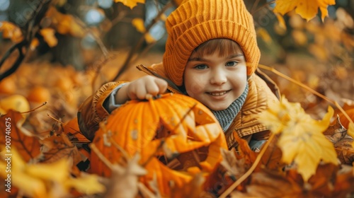 A child smiles near a Halloween pumpkin in front of a yellow autumn forest