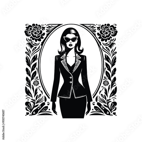 woman wearing retro fashion lady in a tailored blazer pencil skirt and cat eye glasses