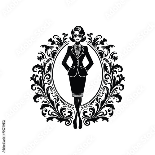 woman wearing retro fashion lady in a tailored blazer pencil skirt and cat eye glasses