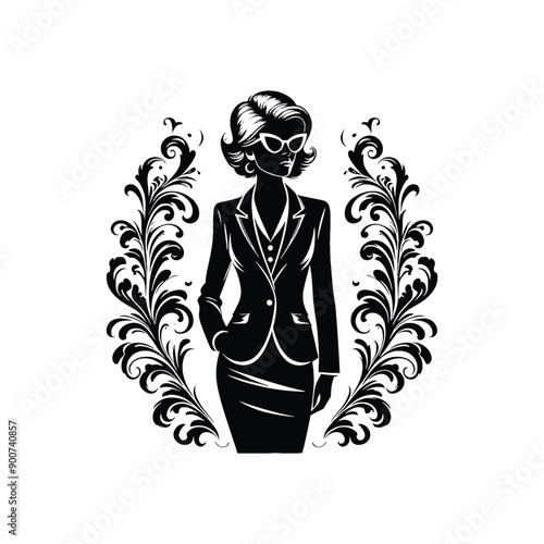 woman wearing retro fashion lady in a tailored blazer pencil skirt and cat eye glasses