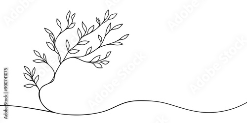 Tree branch with leaves. One line continuous branch and leaves. Line art isolated branch. Outline vector illustration.